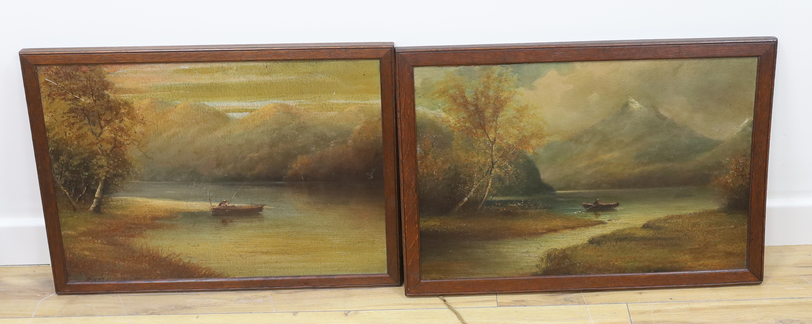 Late 19th/early 20th century school, pair of oils on board, Mountainous lake scenes, 41x57cm